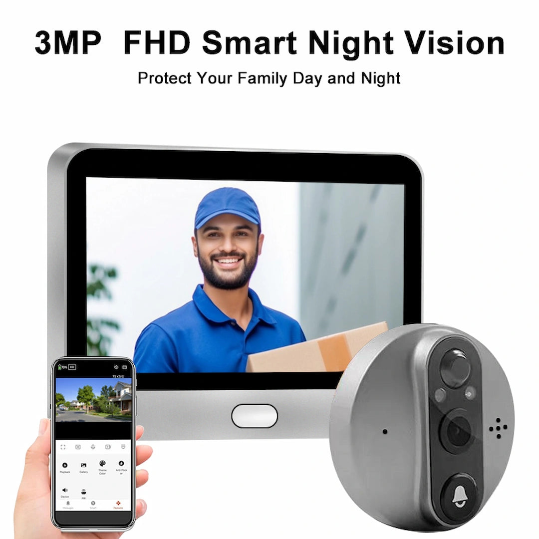 YECO PD-20 Smart Video Doorbell with 4.3” LCD Screen – HD Camera, Motion Detection, Wi-Fi App Control, Battery Powered