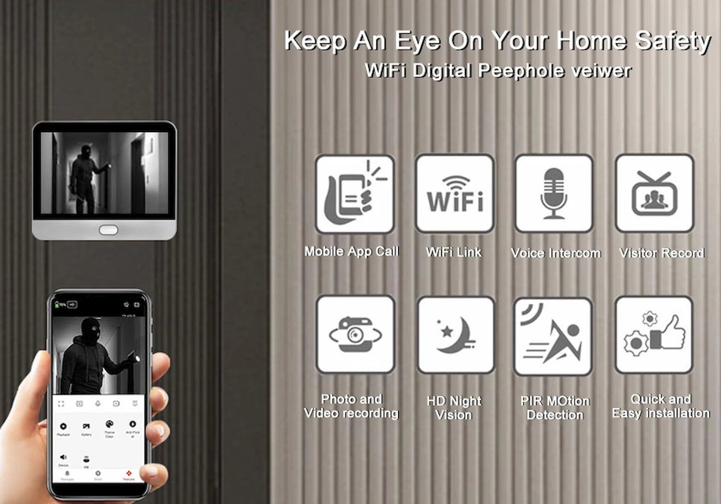 YECO PD-20 Smart Video Doorbell with 4.3” LCD Screen – HD Camera, Motion Detection, Wi-Fi App Control, Battery Powered